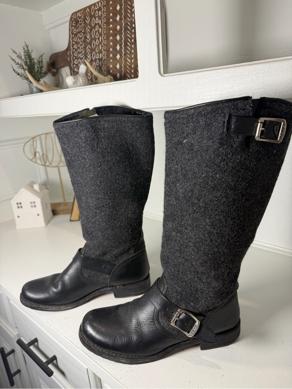 Frye Womens 8 Black Leather Wool Harness Tall Riding Boots Buckle Moto